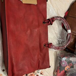 Classic Red Leather Tote Bag with Rolled Handles